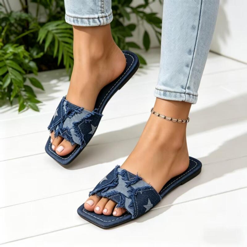 Y2K Denim Strap Flat Heel Sand - Sewing Expert ulasan dan harga
