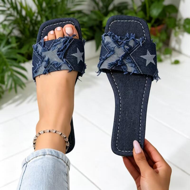Y2K Denim Strap Flat Heel Sand - Sewing Expert ulasan dan harga