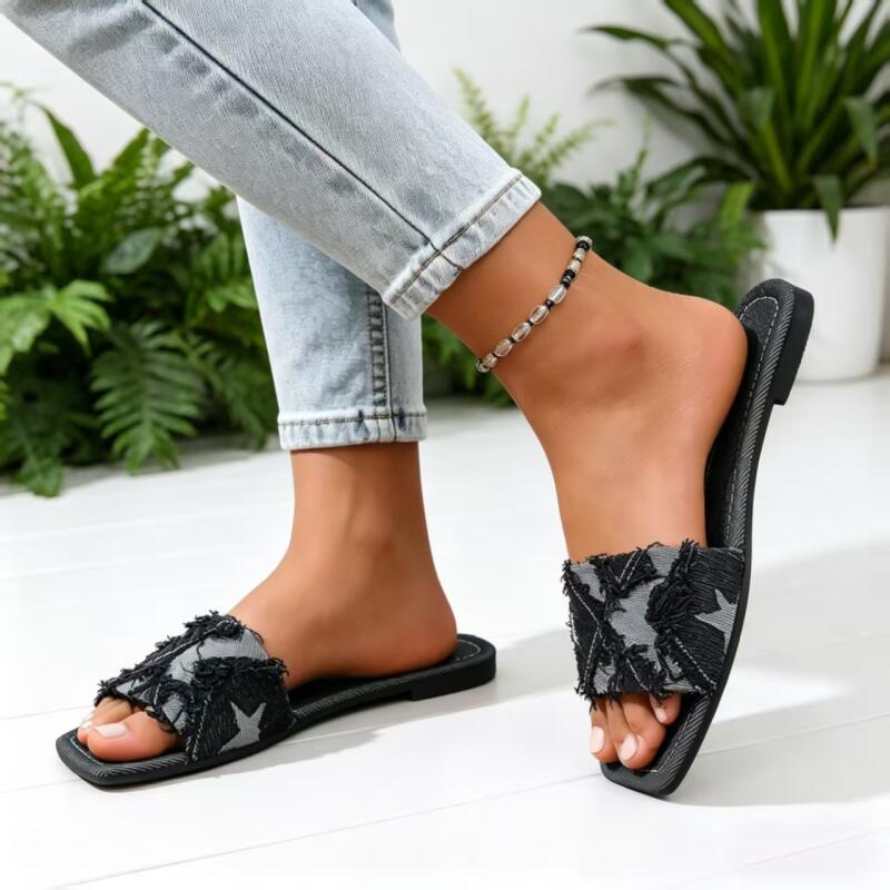 Y2K Denim Strap Flat Heel Sand - Sewing Expert ulasan dan harga